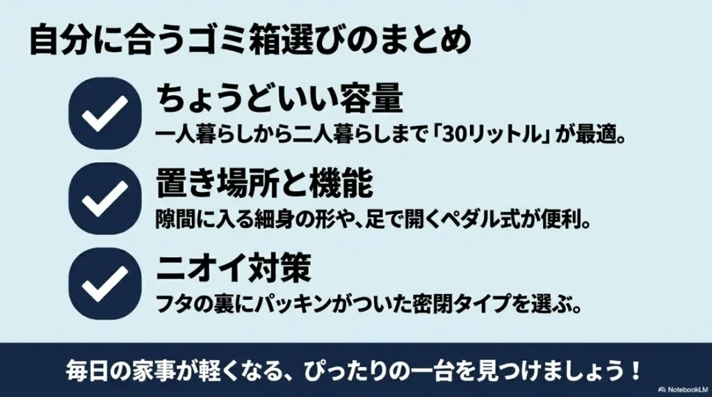 自分に合うゴミ箱選びのまとめ。30Lという容量、置き場所と機能、ニオイ対策の3つのポイントを振り返る最終スライド。