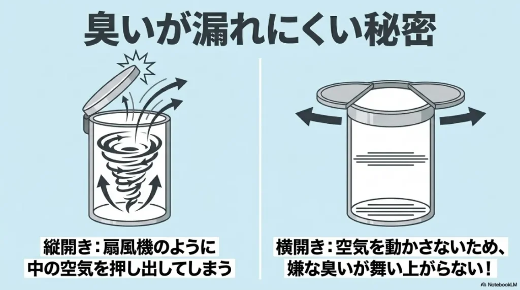 縦開きは空気を押し出すが、ZitAの横開きは空気を動かさないため臭いが舞い上がらない仕組みを比較解説したイラスト。