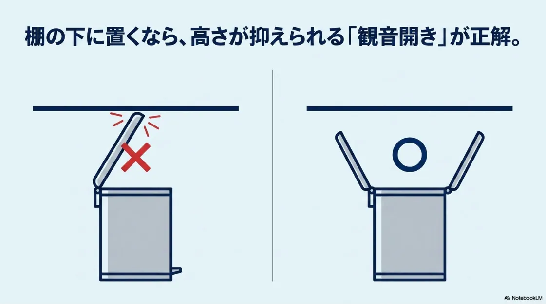 カウンターや食器棚の下に置く際、フタを開けたときの上部の高さを低く抑えられる観音開きタイプのゴミ箱の構造を示したイラスト。
