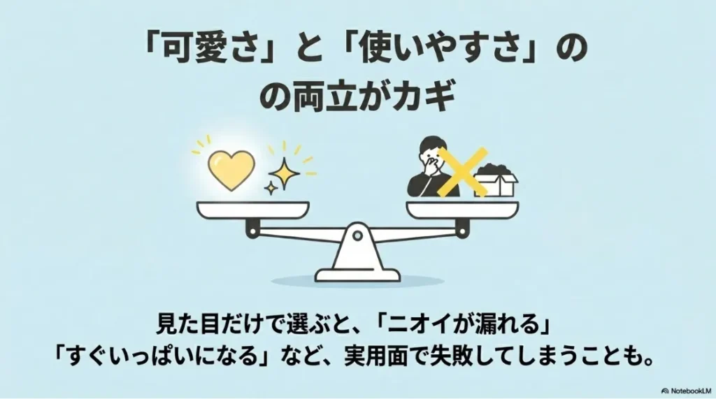 可愛さと使いやすさの両立がカギであり、見た目だけで選ぶとニオイ漏れや容量不足などの実用面で失敗することを示す天秤のイラスト