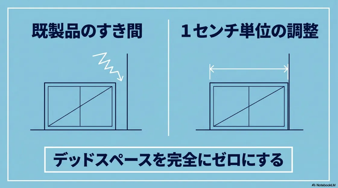 既製品の隙間を解消し、1センチ単位の調整でデッドスペースを完全にゼロにするイメージ図 。