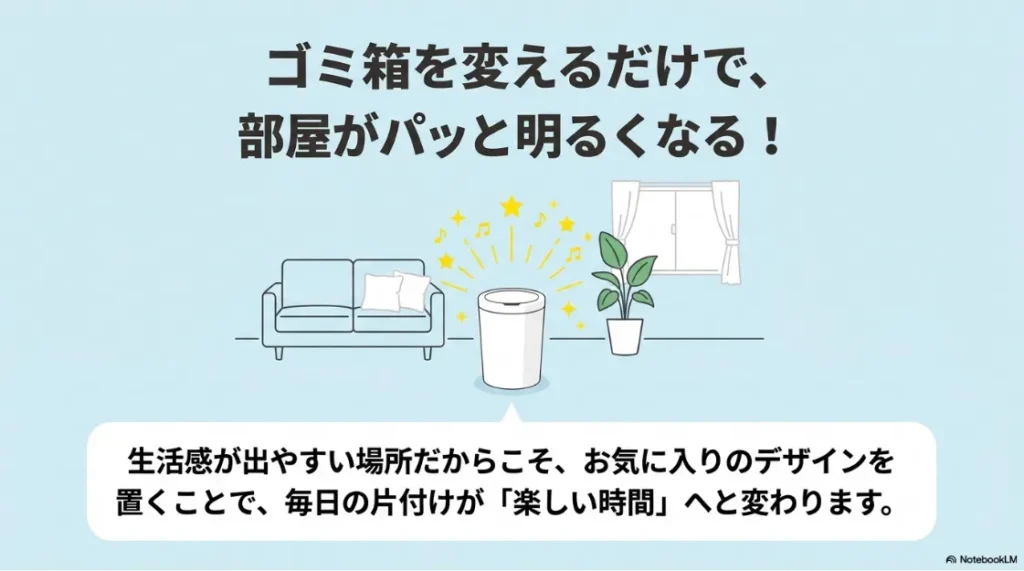 ゴミ箱を変えるだけで部屋が明るくなり、お気に入りのデザインを置くことで毎日の片付けが楽しい時間に変わることを説明するイラスト