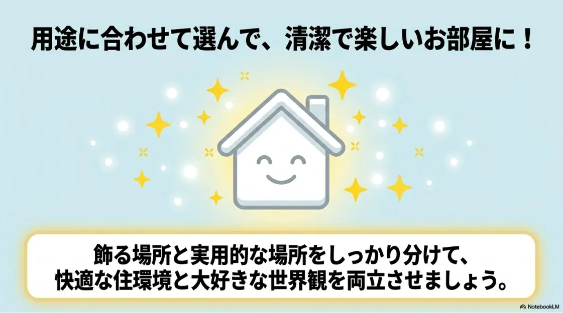 飾る場所と実用的な場所をしっかり分けて、快適な住環境と大好きな世界観を両立させることを呼びかけるまとめスライド