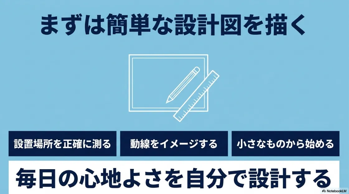 設置場所を正確に測り、簡単な設計図を描くことで、毎日の心地よさを自分で設計する大切さのまとめ 。