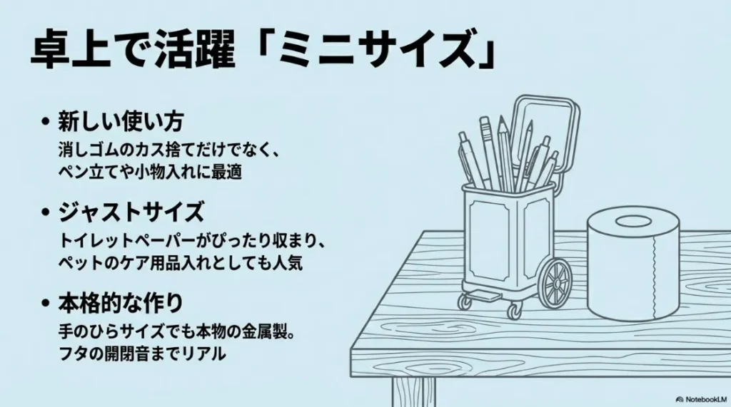 デスク上で活躍するミニサイズのゴミ箱。ペン立てやペット用品入れ(トイレットペーパー収納)としての活用例。