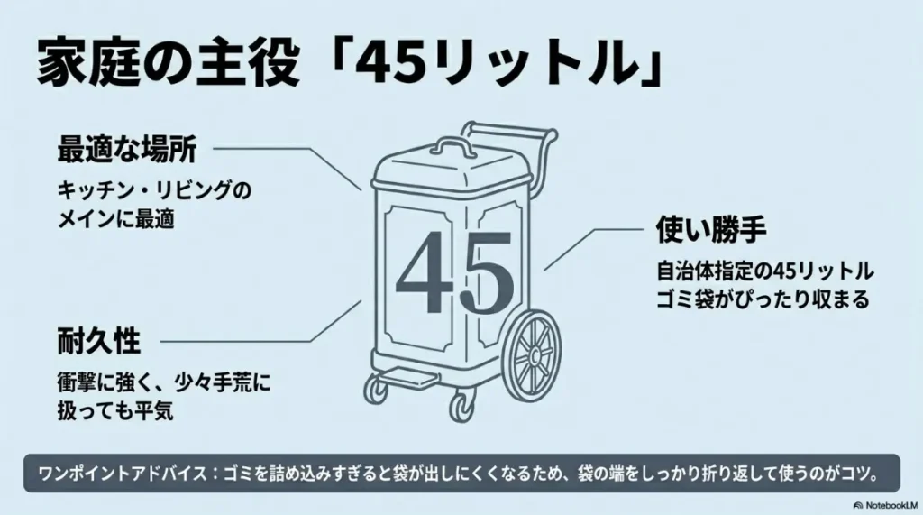 家庭の主役である45リットルサイズの詳細。衝撃に強い耐久性と、自治体指定のゴミ袋がぴったり収まる使い勝手の解説。