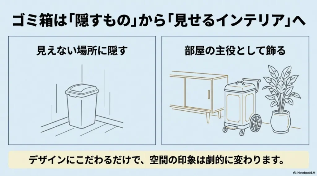 ゴミ箱を「隠すもの」から「見せるインテリア」へ変える提案と、部屋の主役として飾られたダルトンのゴミ箱のイラスト。