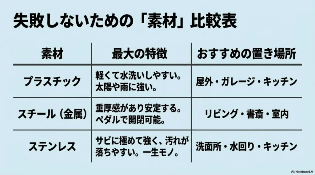 プラスチック、スチール、ステンレスの素材ごとの特徴と、おすすめの設置場所をまとめた比較表。