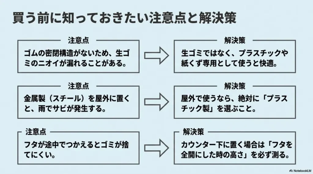 購入前に知っておきたい注意点と解決策。ニオイ漏れ対策、サビ防止、カウンター下に置く際の高さ計測の重要性について。
