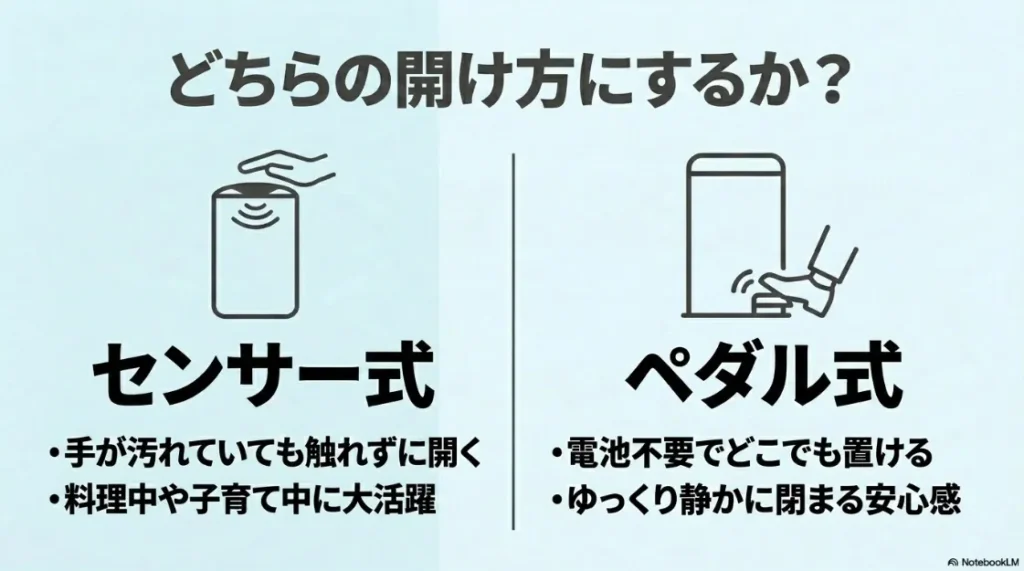 センサー式とペダル式の比較。非接触の利便性と、電池不要で静かな開閉のメリット解説。