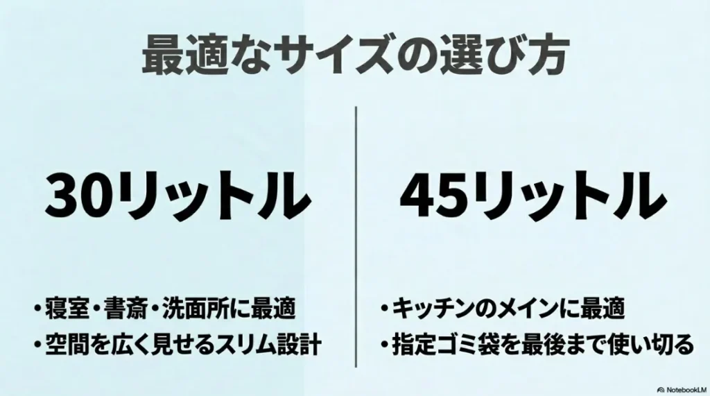 EKOの最適なサイズ選び。30リットルは寝室・書斎向け、45リットルはキッチンメイン向け。