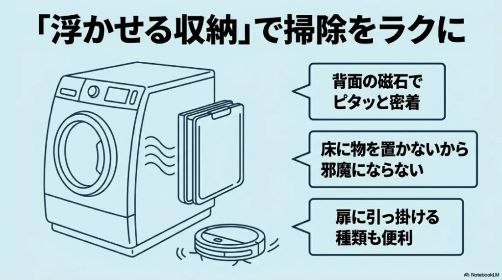 洗濯機に磁石で貼り付けたり、扉に引っ掛けたりして床に物を置かない「浮かせる収納」の活用イメージ。