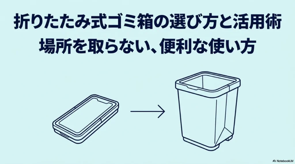 折りたたみ式ゴミ箱の選び方と活用術の表紙。畳んだ状態から広げた状態への変化を示すイラスト。