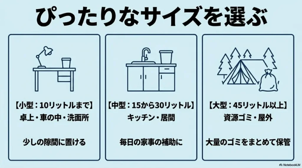 ゴミ箱のサイズ別の選び方。小型は卓上・車、中型はキッチン・居間、大型は資源ゴミ・屋外に適しているというガイド。