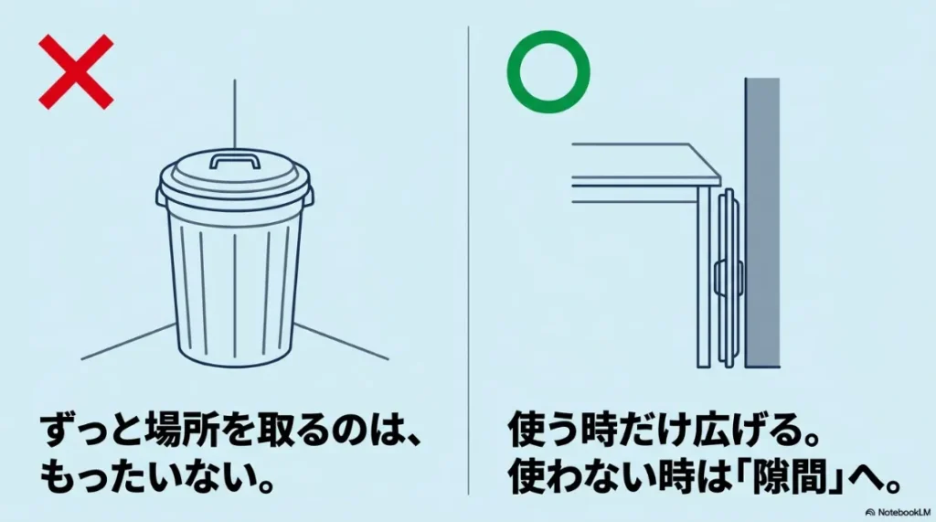 通常のゴミ箱は場所を取るが、折りたたみ式なら使わない時は家具の隙間に収納できることを説明する図解。