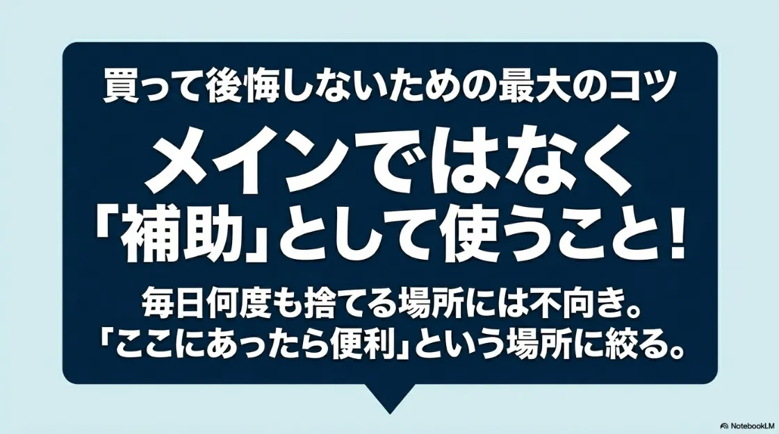 買って後悔しないコツとして、メインではなく「補助」として、必要な場所に絞って使うことを推奨するアドバイス。