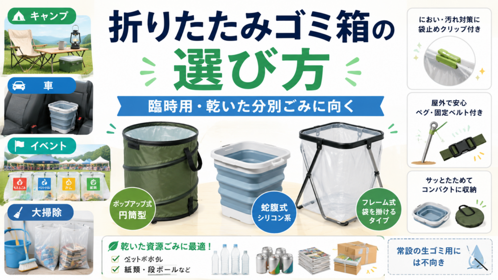 折りたたみゴミ箱の選び方を、ポップアップ式・蛇腹式・フレーム式とキャンプや車での用途別に解説した画像