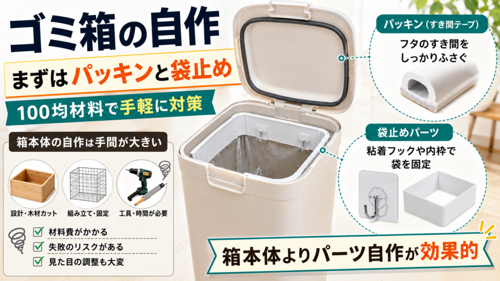 ゴミ箱DIYで効果的なパッキンと袋止めの自作方法を紹介するアイキャッチ画像。D型すき間テープや粘着フック、内枠を使った対策を図解している。