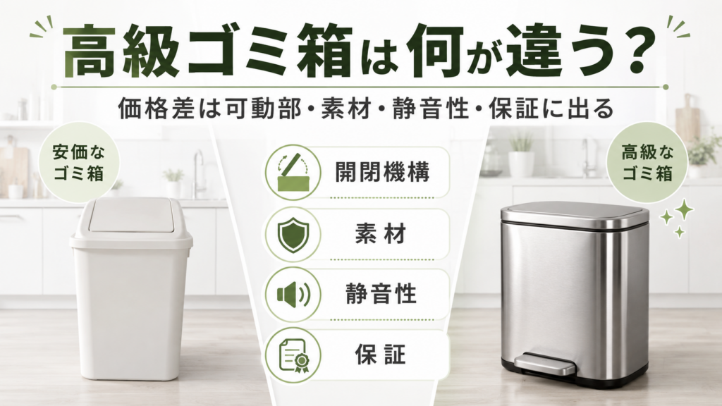 高級ゴミ箱と安価なゴミ箱を比較し、開閉機構・素材・静音性・保証の違いを示した画像