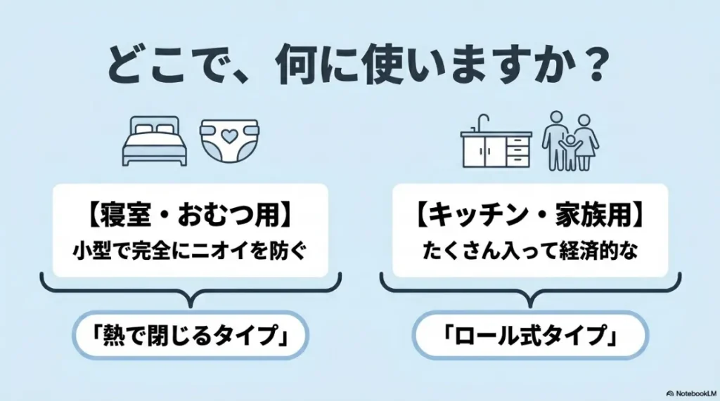 設置場所や用途（寝室・おむつ用には小型で完全にニオイを防ぐ「熱で閉じるタイプ」、キッチン・家族用にはたくさん入って経済的な「ロール式タイプ」）に合わせた自動ゴミ箱の選び方をイラストで解説したスライド。
