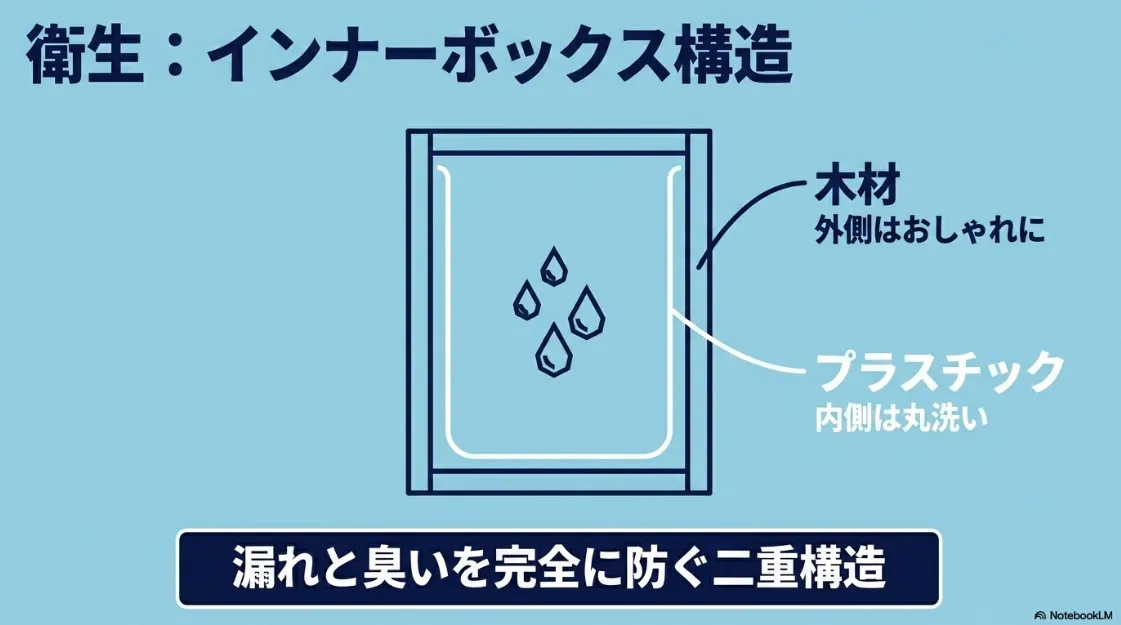 衛生的なインナーボックス構造。外側は木材でおしゃれに、内側はプラスチックで丸洗い可能にする二重構造の解説 。
