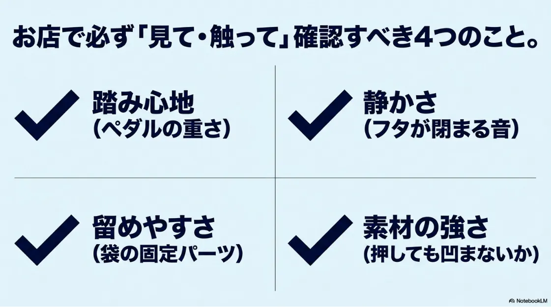 お店で必ず見て触って確認すべき4つのポイント（ペダルの踏み心地、フタが閉まる静かさ、袋の留めやすさ、素材の強さ）がチェックマークと共に記載されたスライド画像。