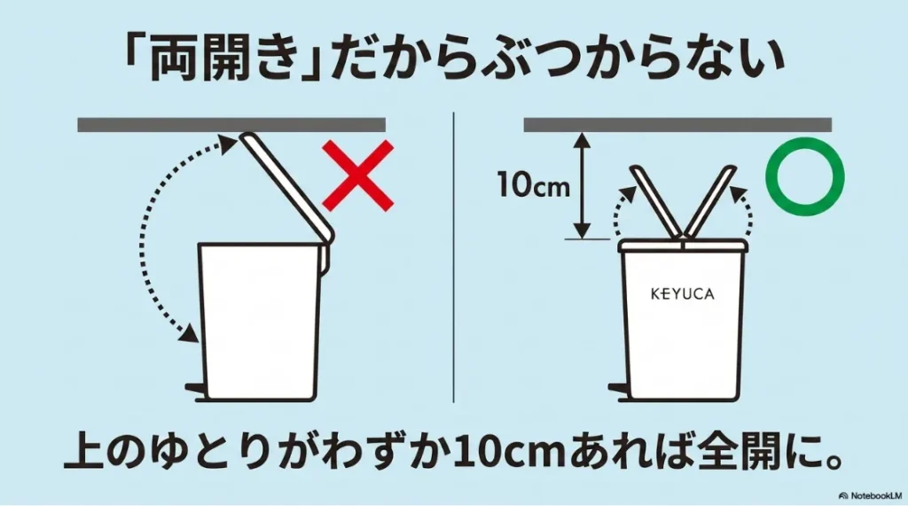 ケユカの両開き蓋がわずか10cmのゆとりで全開になる仕組みの解説イラスト