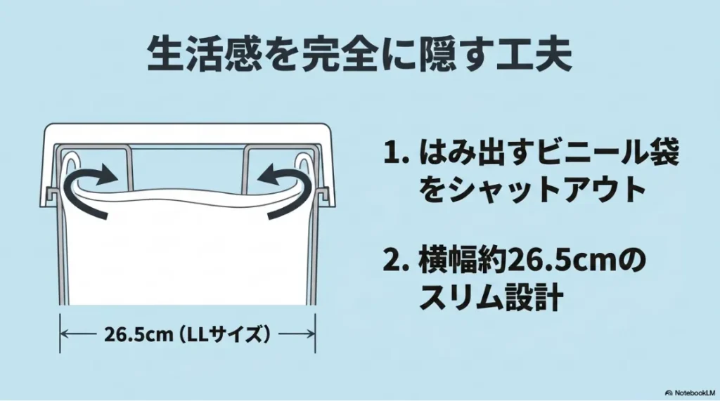 ゴミ袋がはみ出さない袋留め構造とLLサイズの横幅26.5cmのスリム設計