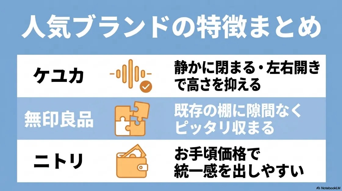 人気ブランドのケユカ、無印良品、ニトリのゴミ箱の特徴を「静音性」「統一感」「コスパ」などの視点でまとめた比較図。