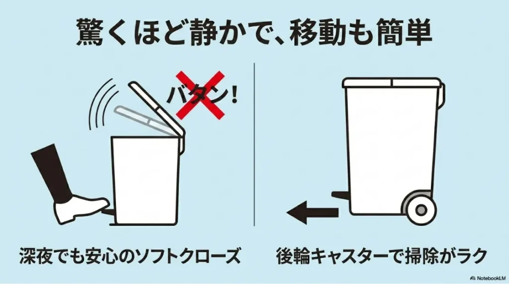 静かに閉まるソフトクローズ機能と移動に便利な後輪キャスターの解説図