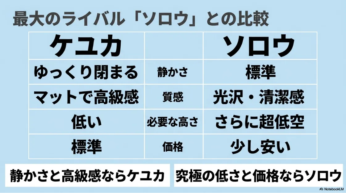 ケユカとライバル製品ソロウの静かさ・質感・高さ・価格の比較表