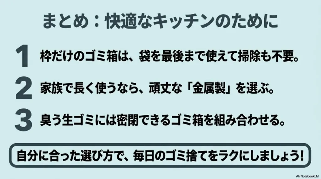 快適なキッチンのためのまとめ。1.袋を最後まで使えて掃除不要、2.長く使うなら頑丈な金属製、3.生ゴミには密閉できるゴミ箱を組み合わせる、という3つのポイントをまとめたスライド