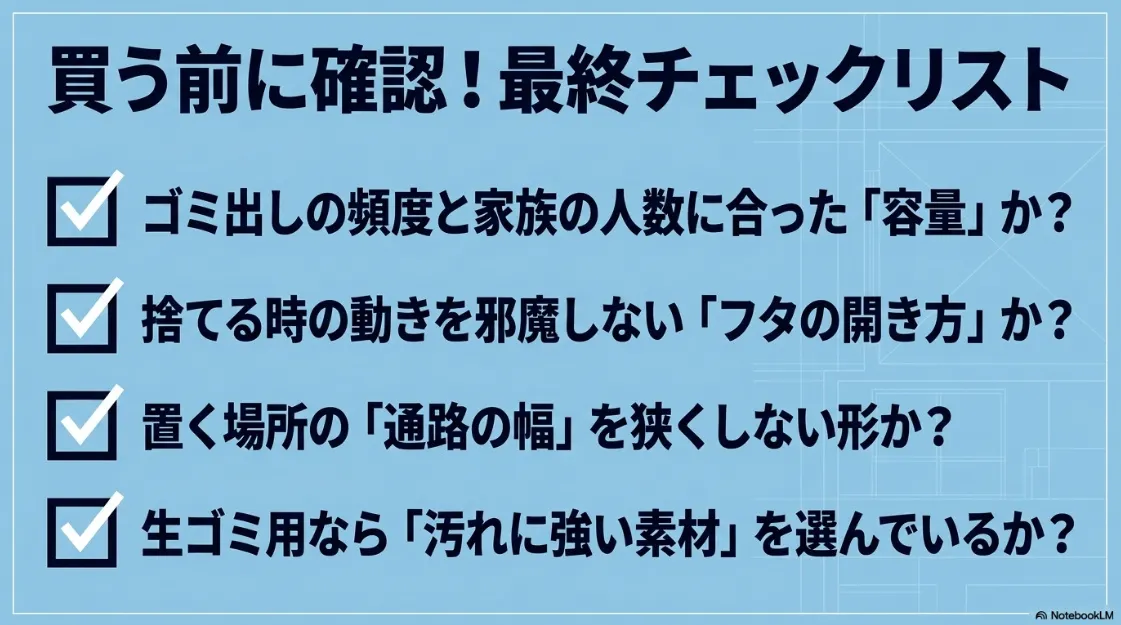 買う前に確認すべき最終チェックリスト。容量、フタの開き方、通路の幅、素材の4項目を再確認