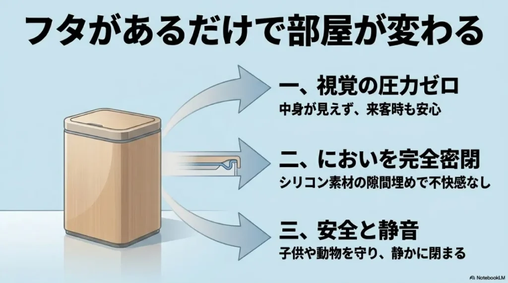 フタ付きゴミ箱の3つのメリット。視覚的圧迫感ゼロ、においの密閉、子供や動物への安全と静音性