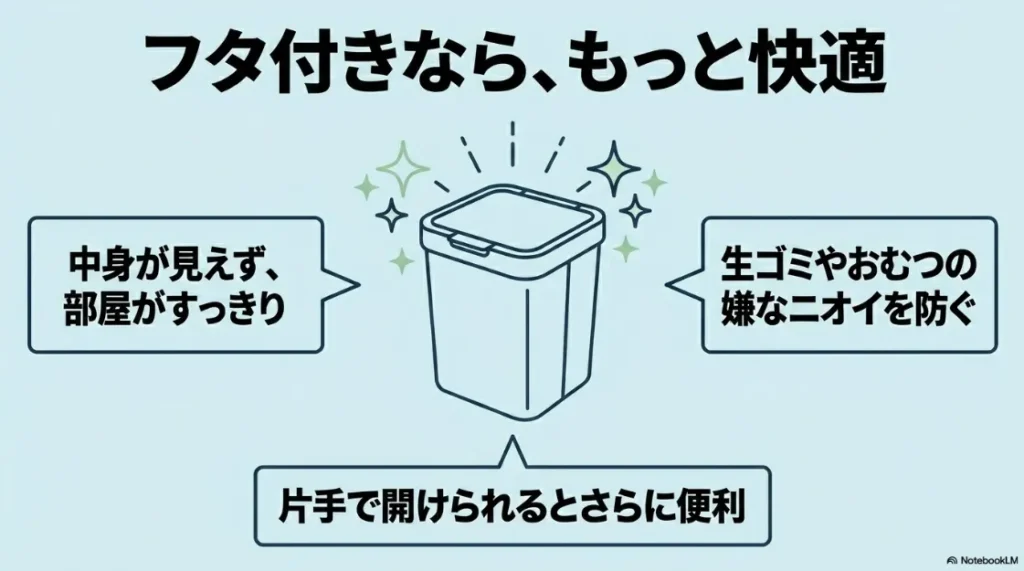 フタ付きゴミ箱のメリット。中身が見えず部屋がすっきりし、生ゴミやおむつのニオイを防げることの紹介。