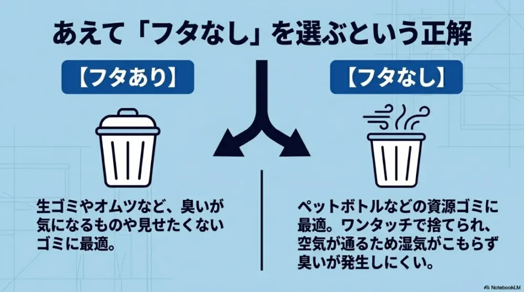 フタありとフタなしゴミ箱のメリット比較。生ゴミ・オムツにはフタあり、資源ゴミには通気性の良いフタなしが最適