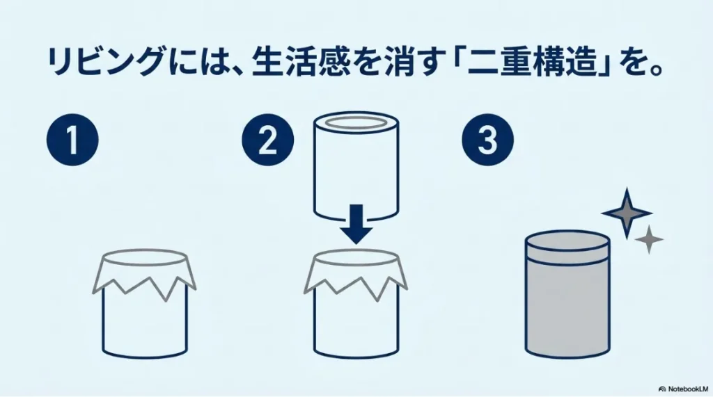 セットしたゴミ袋を外側のカバーで覆って完全に隠し、生活感を消すことができる二重構造ゴミ箱の仕組みを表したイラスト。