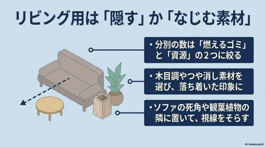 リビング用ゴミ箱は木目調やつや消し素材を選びソファの死角や観葉植物の隣に隠す