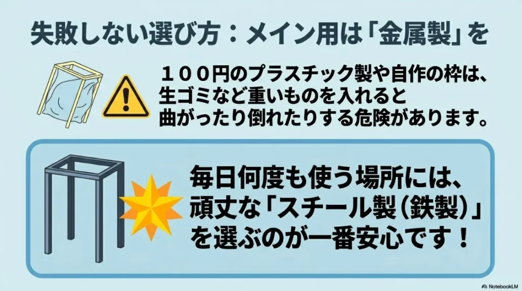 100円のプラスチック製や自作の枠は重いものを入れると曲がったり倒れたりする危険があるため、メイン用には頑丈なスチール製を選ぶべきという注意喚起のイラスト