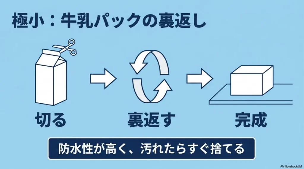 牛乳パックを切り、裏返して作る極小ゴミ箱の手順。防水性が高く衛生的な活用の仕組み 。
