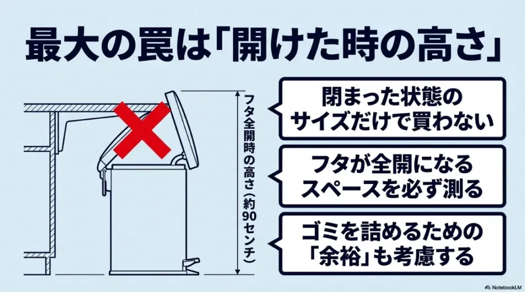無印良品の「ポリプロピレンフタが選べるダストボックス」の特徴をまとめたスライド。キッチンの環境に合わせて「縦開き」と「横開き」が選べるメリットを視覚的に紹介しています。