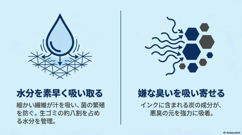 新聞紙の繊維が水分を吸い取り、インクの炭成分が臭いを吸着する仕組みの解説