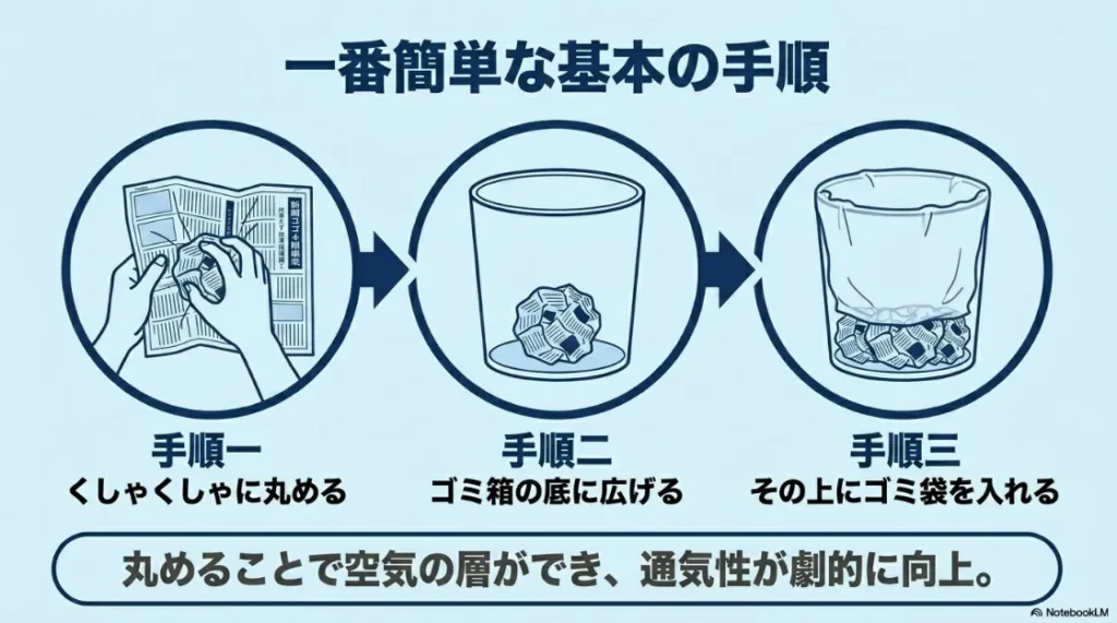 新聞紙をくしゃくしゃに丸めてゴミ箱の底に敷く、通気性を向上させる手順のイラスト