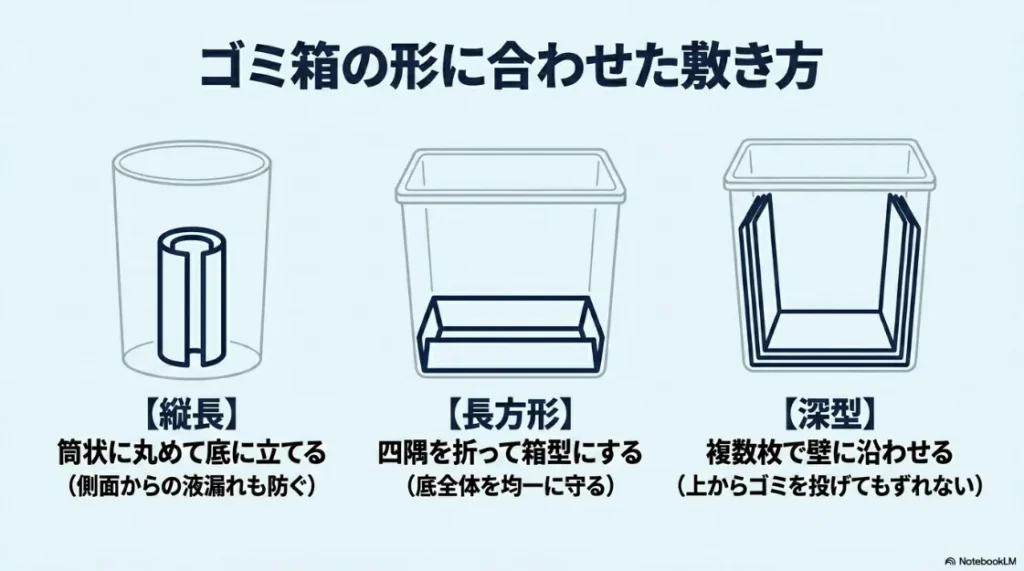 縦長、長方形、深型のゴミ箱それぞれの形状に合わせた新聞紙の敷き方の図解