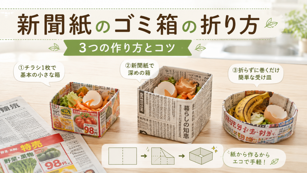 新聞紙とチラシで作った3種類のゴミ箱と折り方のコツを紹介するアイキャッチ画像
