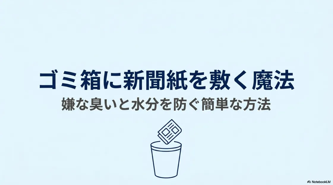 ゴミ箱に新聞紙を投入するイラスト。「ゴミ箱に新聞紙を敷く魔法、嫌な臭いと水分を防ぐ簡単な方法」というタイトルスライド。