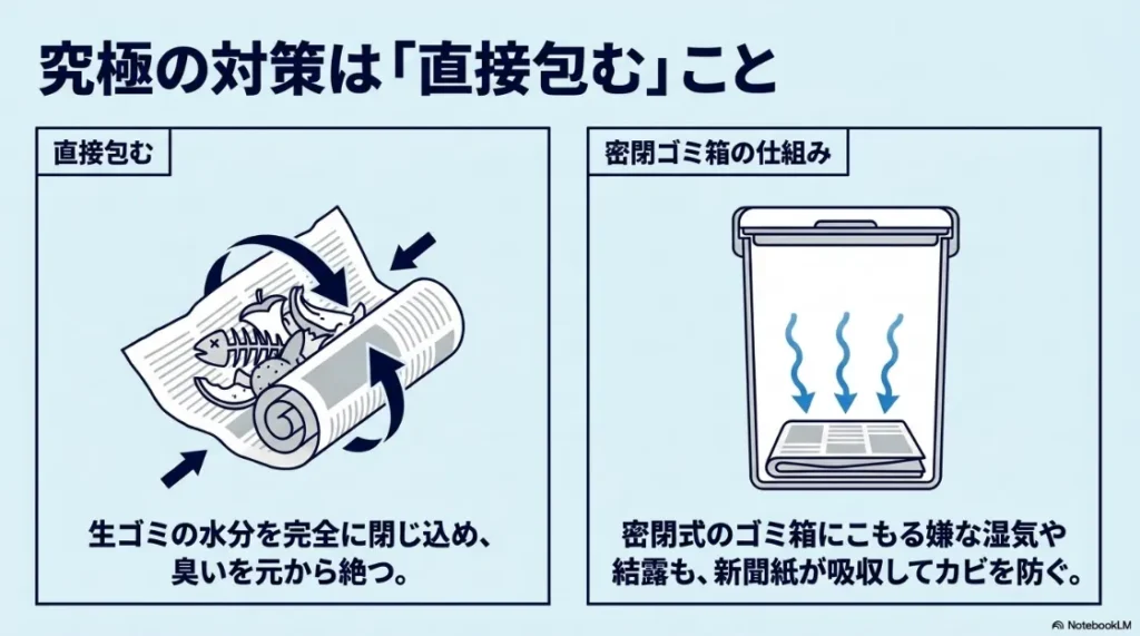 生ゴミを新聞紙で直接包む方法と、密閉ゴミ箱の湿気対策についての解説図
