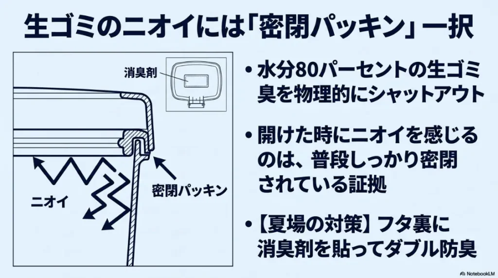 ニトリの45Lゴミ箱の魅力を解説するスライド。価格の安さと、ニオイ漏れを防ぐ密閉ペダルペールの機能性を比較・紹介しています。