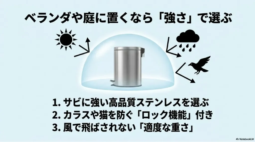 屋外用ステンレスゴミ箱の耐候性やロック機能の重要性を説明した図