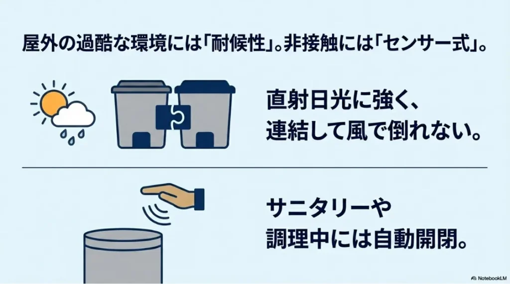 屋外の過酷な環境（直射日光・雨）に対応する耐候性・連結機能付きゴミ箱と、調理中やサニタリーに便利な非接触センサー式自動開閉ゴミ箱の特徴を解説したイラスト。